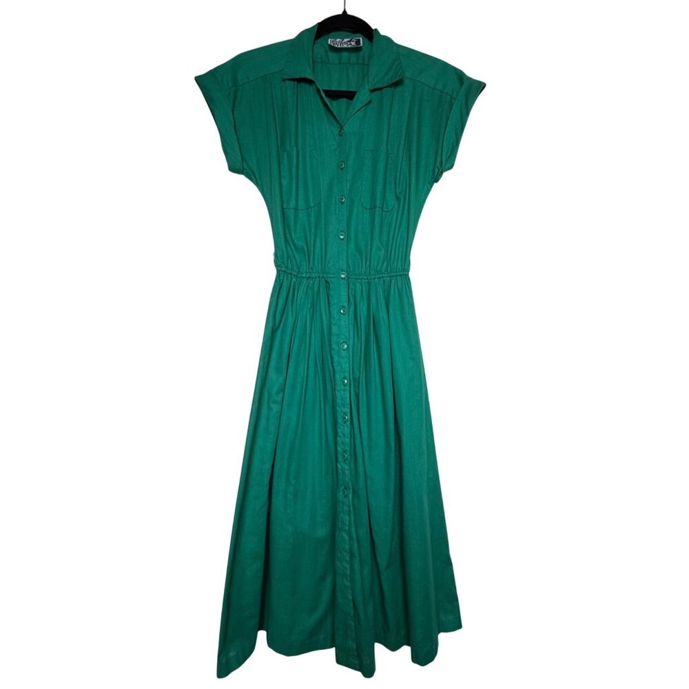 VTG 70's Foxy Lady San Francisco Green Button-Up Coastal Minimalist Dress Sz S